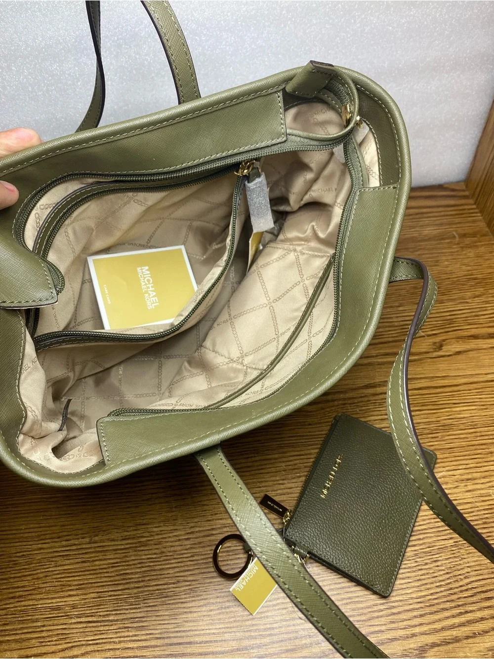 MICHAEL Kors Eva Small Zip Top Nylon Green Tote Shoulder Bag With Wallet Bundle